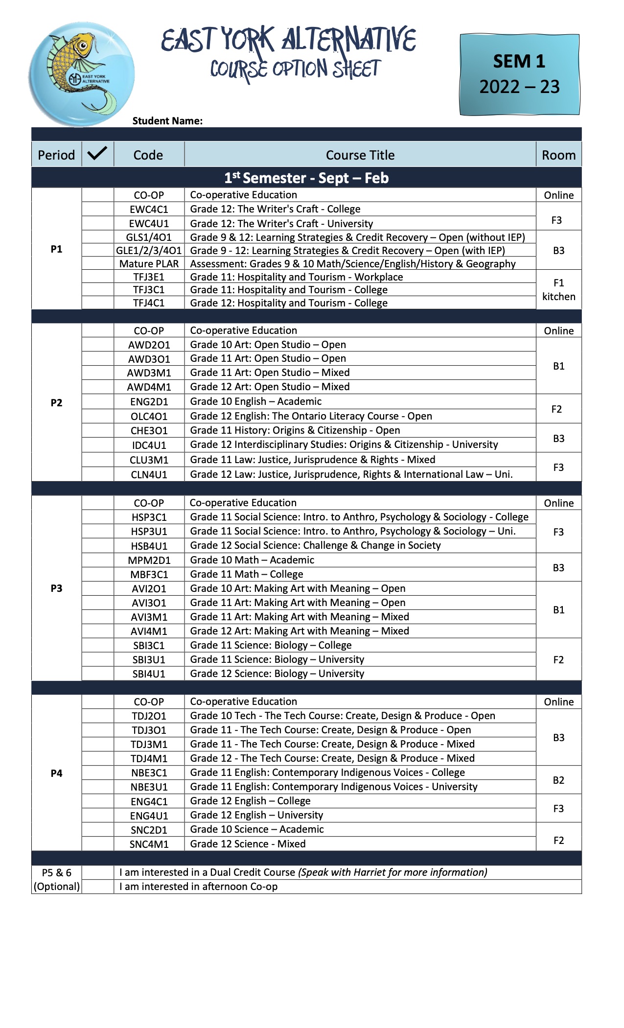 2022-2023 - Course Selection Sheet - Semestered